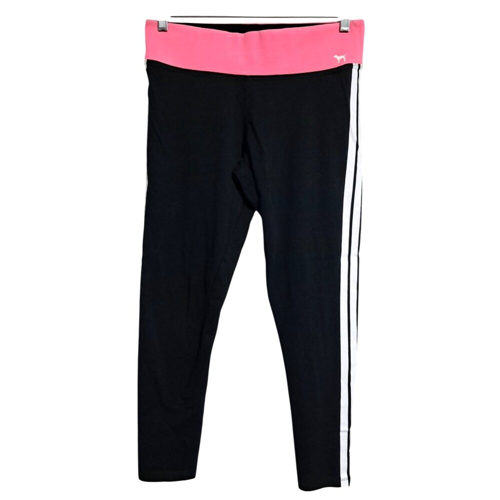 Victorias Secret Pink Yoga Leggings Size L Black With Pink Waistband White Strip